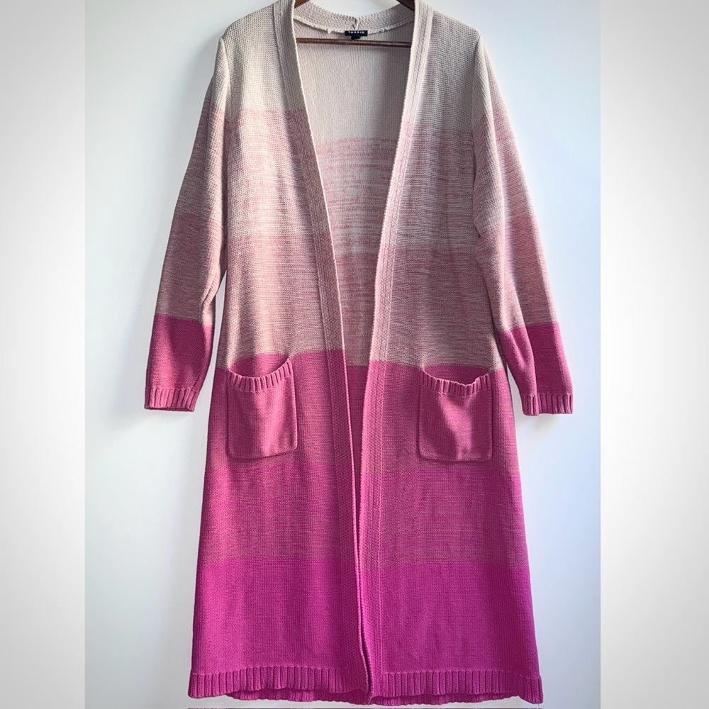 Torrid Duster Sweater Pink & Tan Ombre Cardigan Size 2X Boho Dopamine Dressing